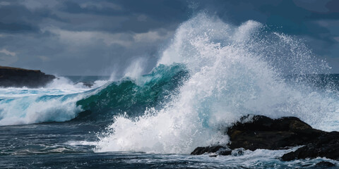 Fototapeta premium Powerful ocean wave crashing against dark rocky coastline with crashing splashing turbulence landscape atmosphere breakwater elemental majestic