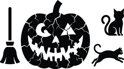 Spooky Halloween vector silhouette icon set featuring a cracked jack-o'-lantern, upright broomstick, sitting black cat, and leaping cat. © GUPISHOR
