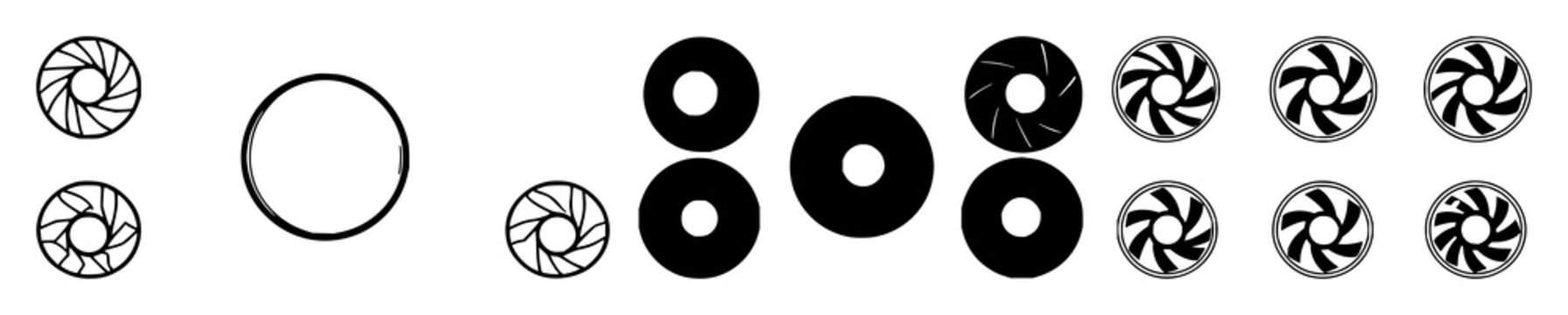 Series of six circular icons resembling camera apertures with varying numbers of blades, arranged in a horizontal line against a plain white background. Each icon features a black and white color s...
