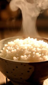 Premium Shot Of Steaming Bowl Of Freshly Cooked White Rice Emitting Warm Vapor In Rustic Ceramic Bowl Essential Staple Food Commercial