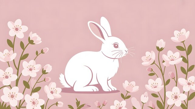 Cute white rabbit sitting on soft pink background with flowers, pastel easter bunny illustration