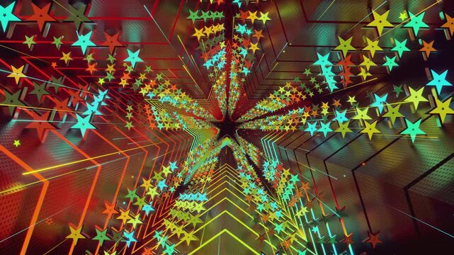 Seamless loop of a star-shaped tunnel. Abstract digital vortex with rhythmic motion and glowing geometric elements, creating a deep perspective background for stage screens and event displays.