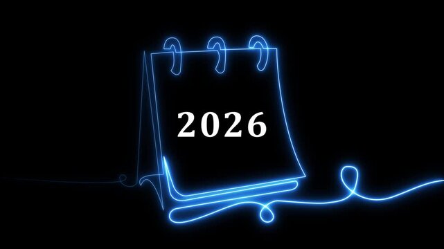 Neon Glowing Calendar Art Showing 31 December 2026 Countdown. Futuristic New Year Party Night Celebration Poster, Festival Greeting Card Template and Event Banner Design.4k motion graphics video