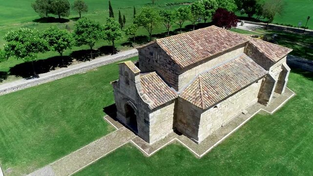 Aerial view of the Visigothic Basilica of San Juan de Ba&ntilde;os in Ba&ntilde;os de Cerrato, Palencia