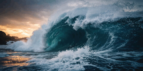 Obraz premium Dramatic sunset light on a massive crashing ocean wave with breaking environment landscape seascape background backdrop elemental majestic