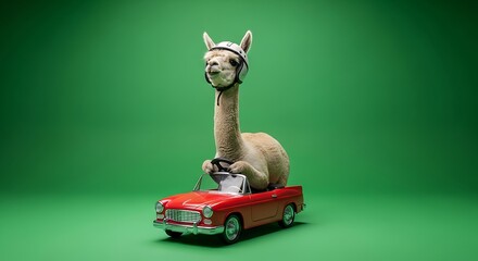 Obraz premium Humorous Alpaca Driving a Red Vintage Toy Car Wearing a Helmet, Funny Llama Traveler Concept, Quirky Animal Character Isolated on Green Background