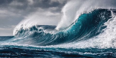 Large turquoise ocean wave breaking in the middle of the deep sea with marine life breaking turquoise splashing seascape atmosphere transparent © Manjur