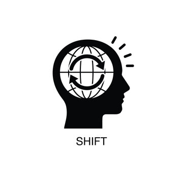 Human head silhouette containing a globe with rotating arrows a conceptual black graphic arrow axis black and white brain circular concept