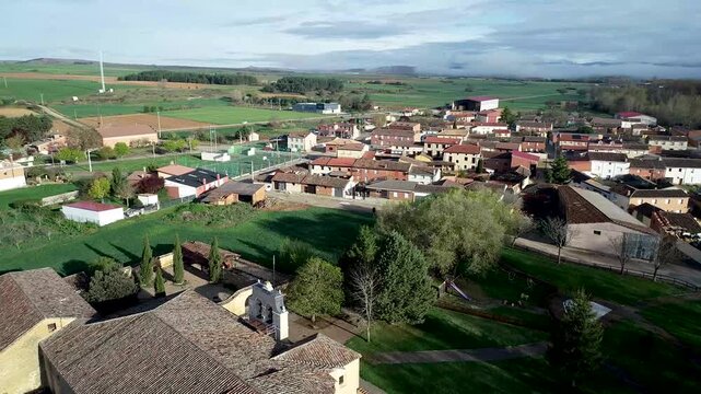 Aerial view of San Pelayo Romanesque Abbey and cemetery in Arenillas de San Pelayo