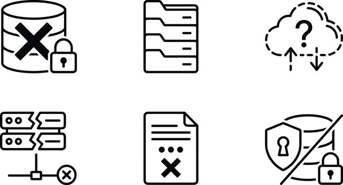 Data Center and Database Error Icon Set with Broken Server Cloud Storage Connection and Lost File Document Vector Symbols