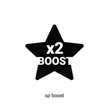 Black five pointed star silhouette with white text reading x2 BOOST on a white background boost star shaped black and white monochrome graphic