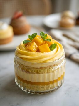 Exquisite mango mousse cake jar topped with fresh mint leaves and diced tropical fruit arranged elegantly on a white marble table background