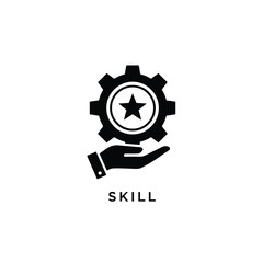 Fototapeta premium Gear with star held by hand black silhouette icon on a white background representing skill cogwheel mechanism symbol hand