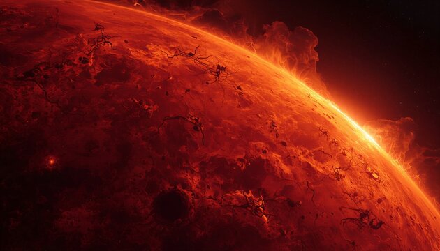 Turbulent texture of crimson, burnt orange, and ruby red convection cells on a Red Supergiant. Slow-moving plumes of dark plasma and glowing filaments in a deep space abyss