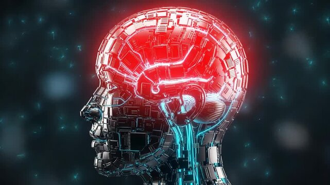 Cybernetic Mind A metallic robot head with a glowing red brain inside representing artificial intelligence and advanced technology