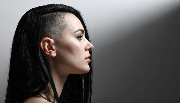 Woman undercut portrait photography posing in studio lighting creating bold calm minimal aesthetic generative AI