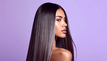 Fototapeta premium Woman long hair portrait photography posing in studio lighting creating serene calm minimal aesthetic generative AI