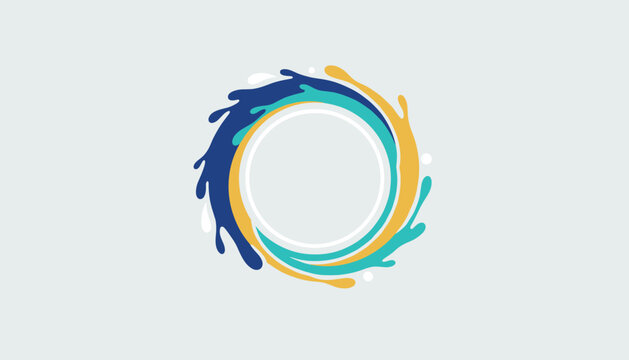 Circular paint splash frame features swirling blue, teal, and yellow liquid streaks over a clean background.