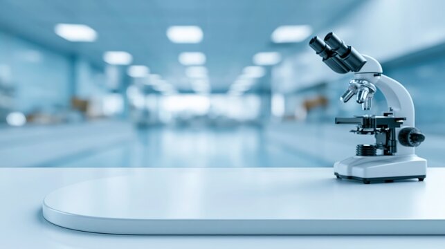 Futuristic clean medical laboratory background with a microscope on a sharp focused white table and blurred research facility with large copy space.