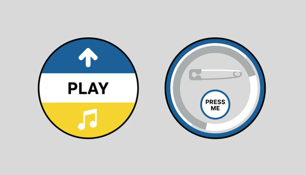 Circular button pin designs showcase a colorful musical play badge alongside its metal safety pin backing.