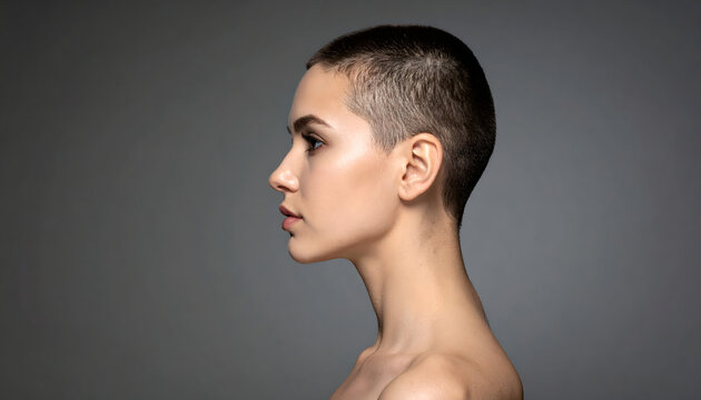 Woman short buzz cut portrait photography posing in studio lighting creating confident calm minimal aesthetic generative AI
