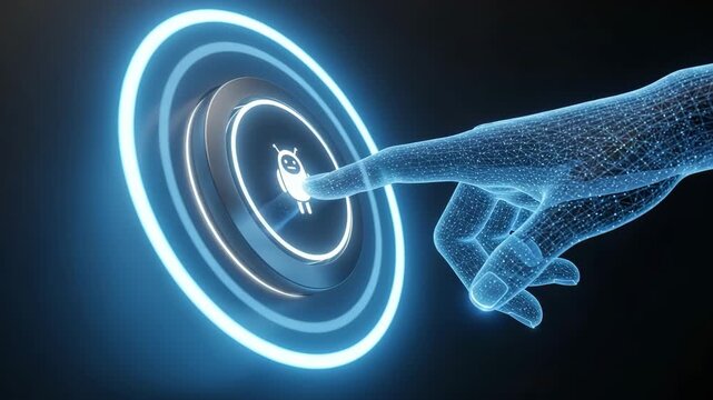 Futuristic Interface Interaction A glowing holographic hand hovers over a digital interface poised to interact with a button symbolizing advanced technology and user engagement