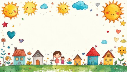 Obraz premium Fun Cute Doodle Border Frame with Hand Drawn Houses, Smiling Suns, and Happy Elements for Elementary School Teachers, Kids Planners, and Kindergarten Art Projects
