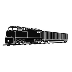 Black silhouette of a freight train with locomotive and cargo containers on railway tracks. © Sopian