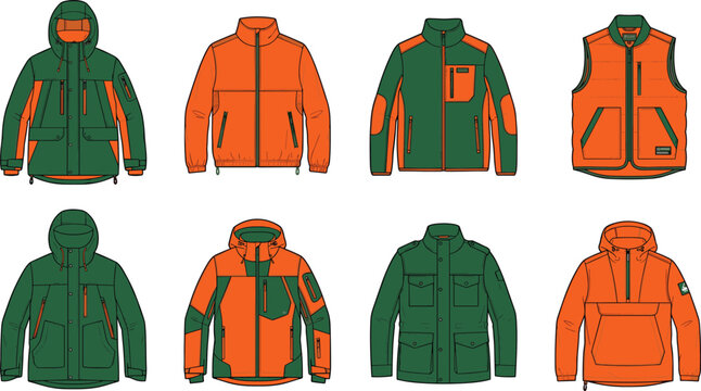 Set of green and orange outdoor jackets and vests technical fashion flat sketch vector illustration templates