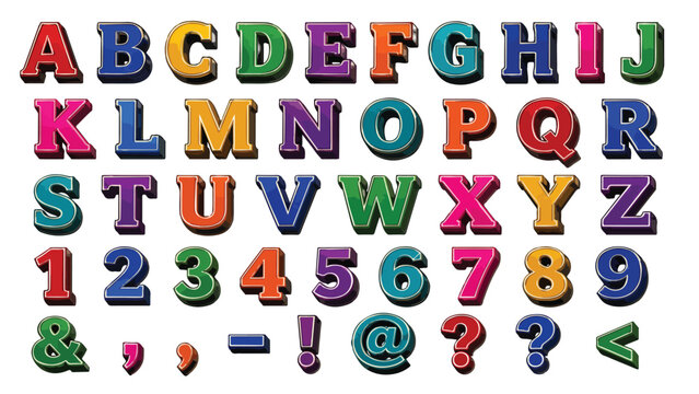 Colorful 3D alphabet set, vibrant block letters and numbers vector, playful serif font collection for kids education and school posters