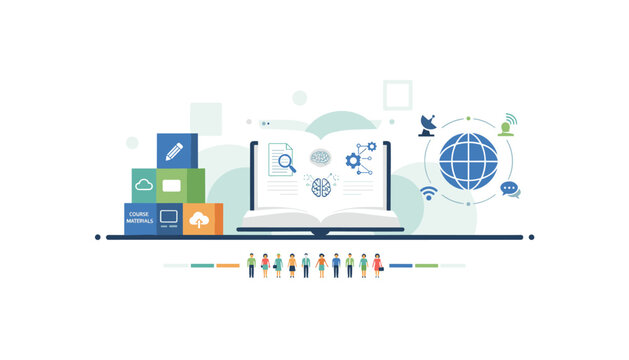 Comprehensive online education graphic design featuring an open book interactive block toys and connected globe.
