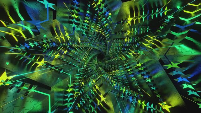 Seamless loop of a star-shaped tunnel. Abstract digital vortex with rhythmic motion and glowing geometric elements, creating a deep perspective background for stage screens and event displays.