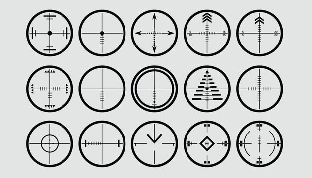 Grid of fifteen black weapon sight crosshairs and tactical target scopes on a clean light grey background.