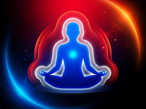 Blue human silhouette meditating in lotus position with glowing aura image