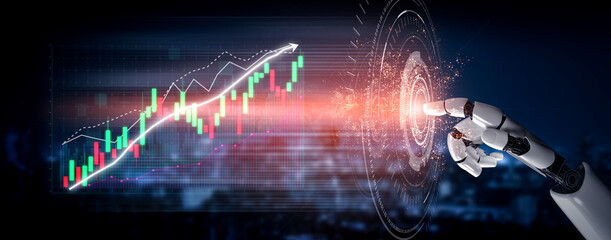 Fototapeta premium This image showcases a robotic hand interacting with vibrant financial graphs and data in a technologically advanced urban setting, symbolizing innovation. Impute