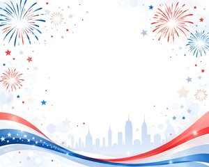 Fototapeta premium Patriotic Fourth of July background with red white and blue fireworks, American flag waves over city skyline, festive Independence Day celebration frame