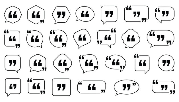 Grid of twenty-eight different chat bubble designs with bold quotation marks, set on a plain white background.
