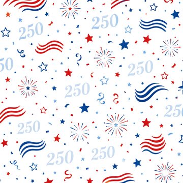 Patriotic 250th anniversary seamless pattern, red white and blue semiquincentennial celebration background, stars and fireworks festive texture
