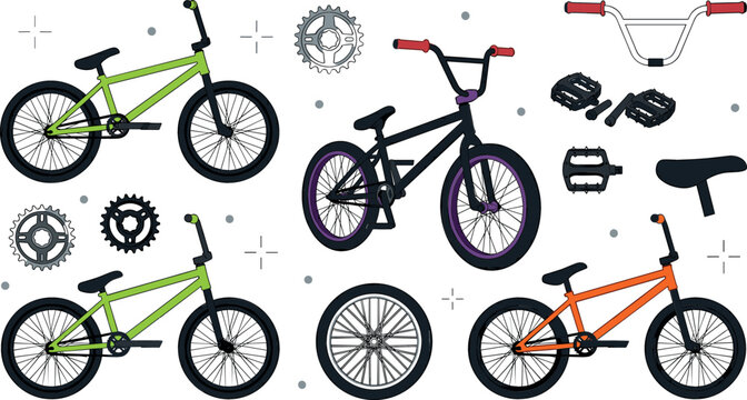 BMX bicycle vector illustration set with colorful extreme sports stunt bikes and spare parts including wheels pedals handlebars gears and bicycle frame