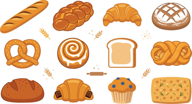Fresh bakery bread and pastry vector icon set featuring baguette croissant pretzel cinnamon roll muffin sliced toast and traditional wheat loaves