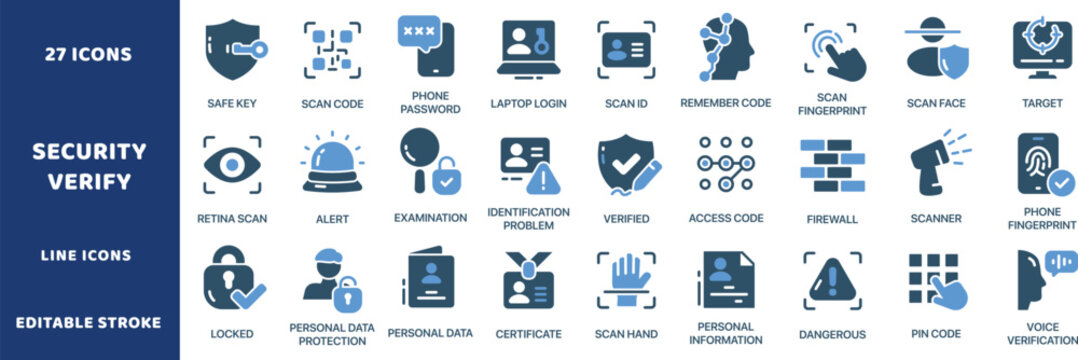 Security verify line icons. Digital identity authentication flat symbols set, biometric access authorization elements, and cyber security protection scanning vector collection