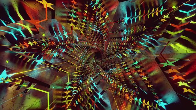 Seamless loop of a star-shaped tunnel. Abstract digital vortex with rhythmic motion and glowing geometric elements, creating a deep perspective background for stage screens and event displays.