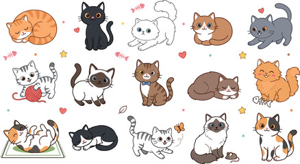Fototapeta premium Cute baby cat cartoon vector sticker set featuring many different kitten breeds playing sleeping sitting and chasing butterflies for nursery design