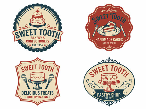 Set of vintage bakery and confectionery logos with cakes and tools