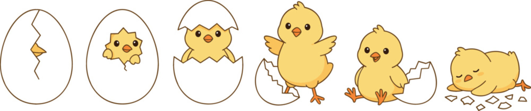 Cute cartoon baby chick hatching from egg life cycle vector illustration set featuring stages of growth from cracked shell to newborn bird