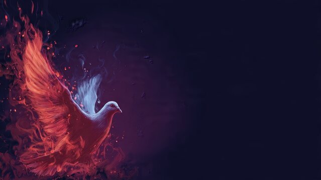 White Dove Emerging from Fiery Flames Digital Art Illustration with Copy Space