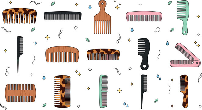 Professional Hair Comb Icon Set with Tortoiseshell Wooden and Plastic Detangler Tools for Barber Shop Beauty Salon and Grooming Graphic Designs