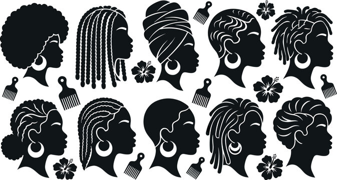Black Women Profile Silhouette Icon Set with Natural Afro Hairstyles Braids Locs Headwraps Hoop Earrings and Hibiscus Flowers for African American Beauty Branding Designs