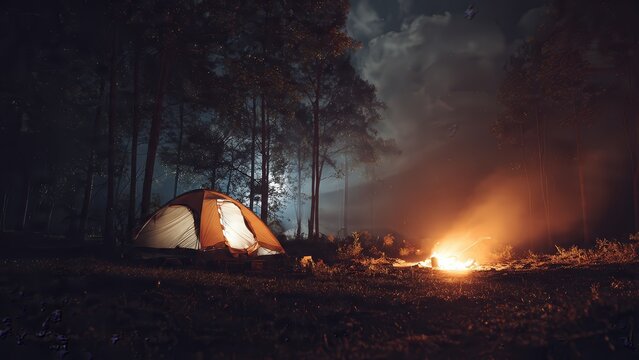 Night camping in forest with illuminated orange tent and glowing campfire