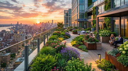 Fototapeta premium Luxury skyscraper rooftop garden with lush green plants and blooming flowers overlooking a vibrant city skyline during a beautiful golden hour sunset